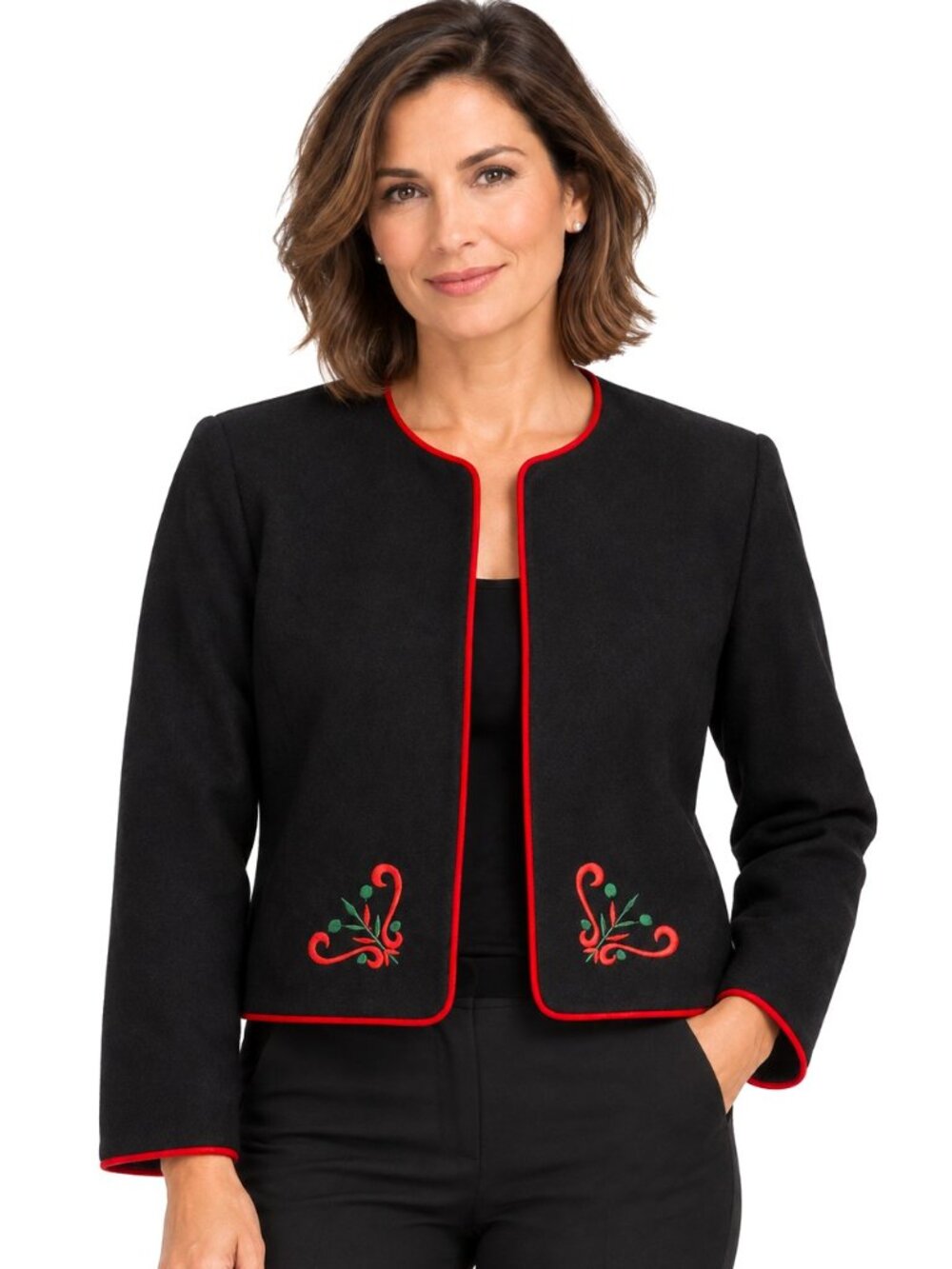 Vintage Lanz Originals Black Wool Embroidered Open Blazer